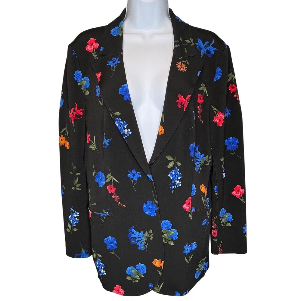 Tahari Womens Black Floral Print Blazer Sz 8 Bold Bohemian Colorful Career